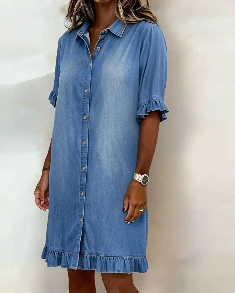 Maria | Comfortabele Denim Jurk met Flatterende Plooien